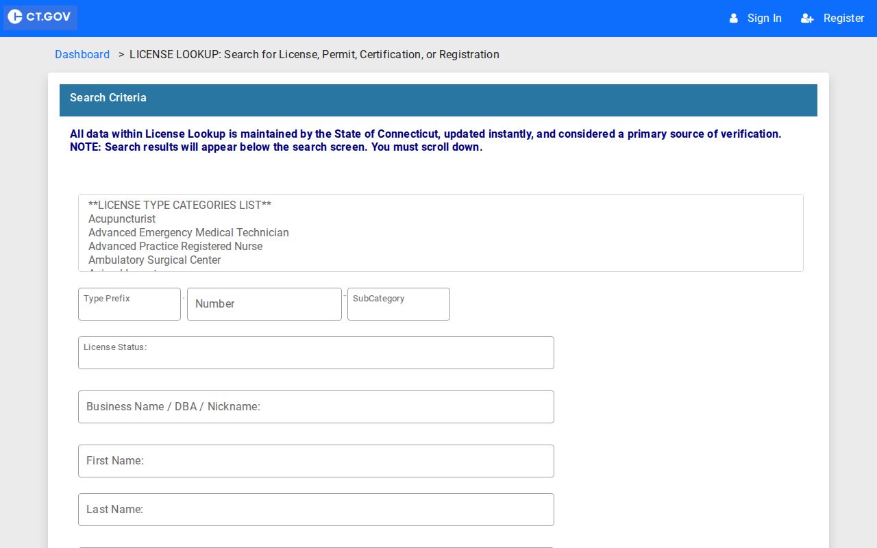 Windsor resident lookup Connecticut eLicense fields